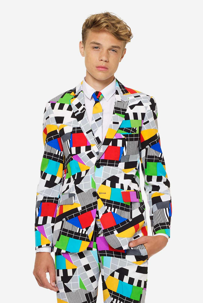 Teen wearing retro print testscreen suit