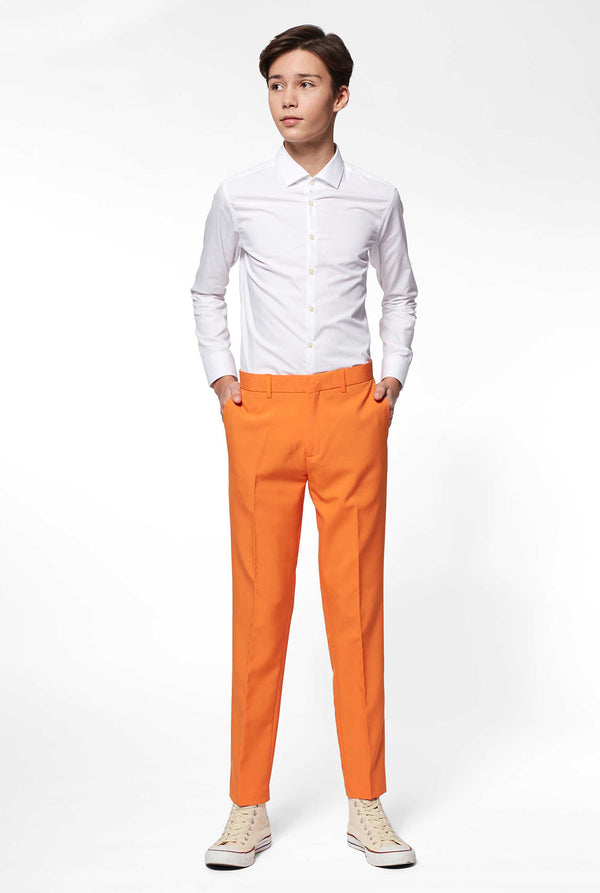 Teen wearing orange formal suit