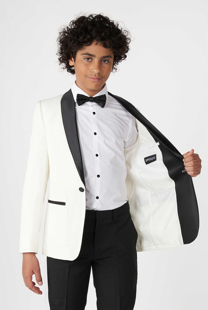Teen wearing white and black tuxedo