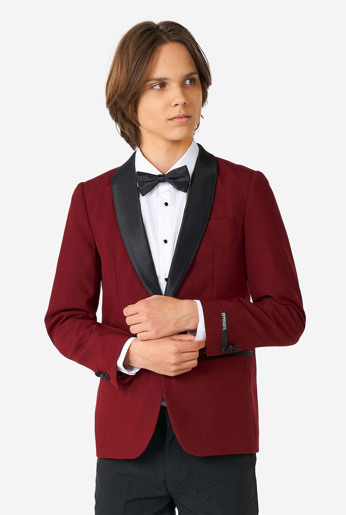 Teen wearing Burgundy red and black tuxedo