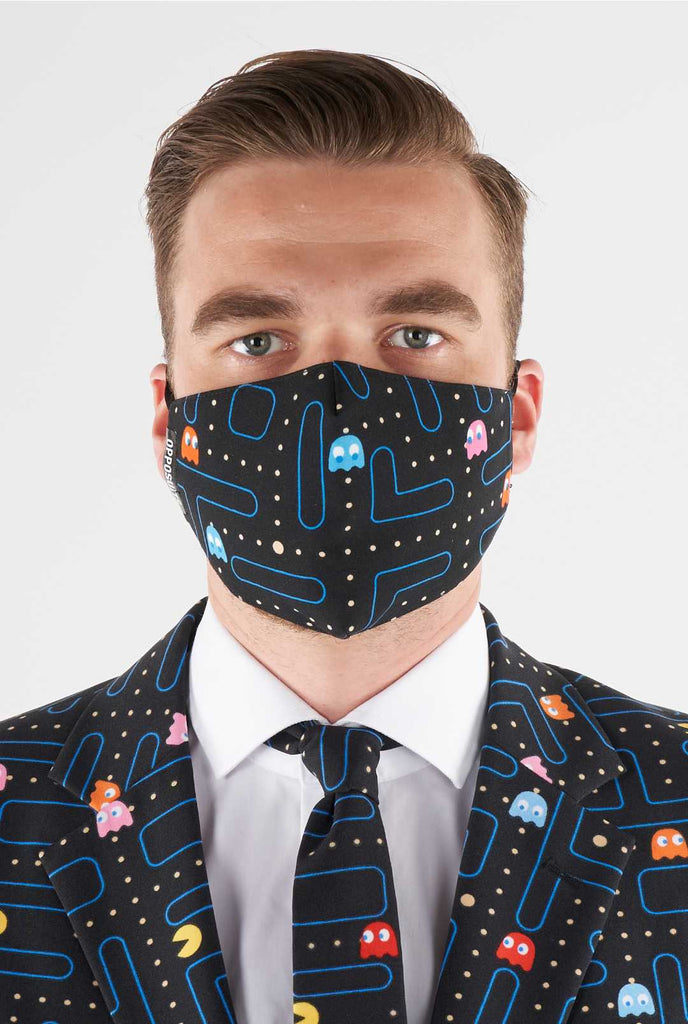 Man wearing face mask with Pac-Man print