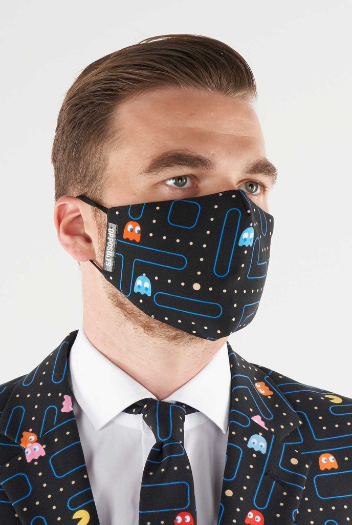 Man wearing face mask with Pac-Man print