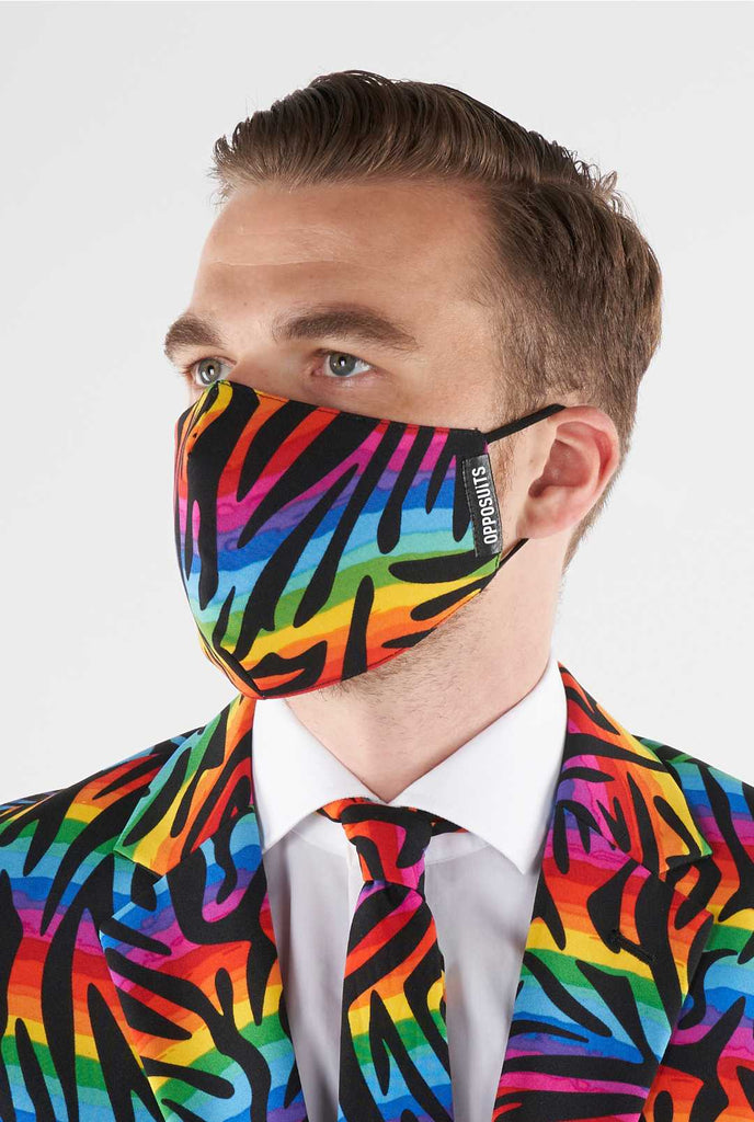 Man wearing rainbow colored face mask