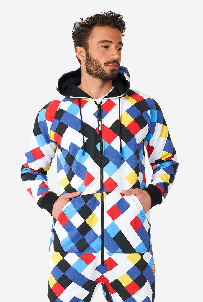 Man wearing a multicolor onesie