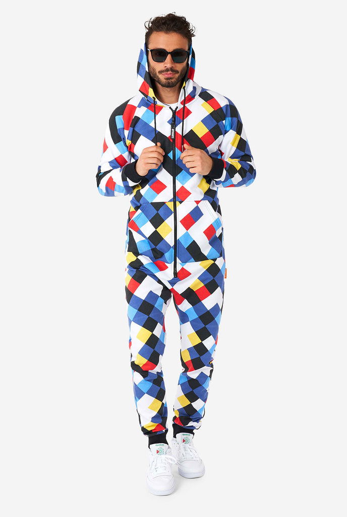 Man wearing a multicolor onesie