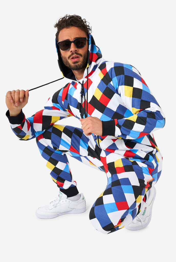 Man wearing a multicolor onesie