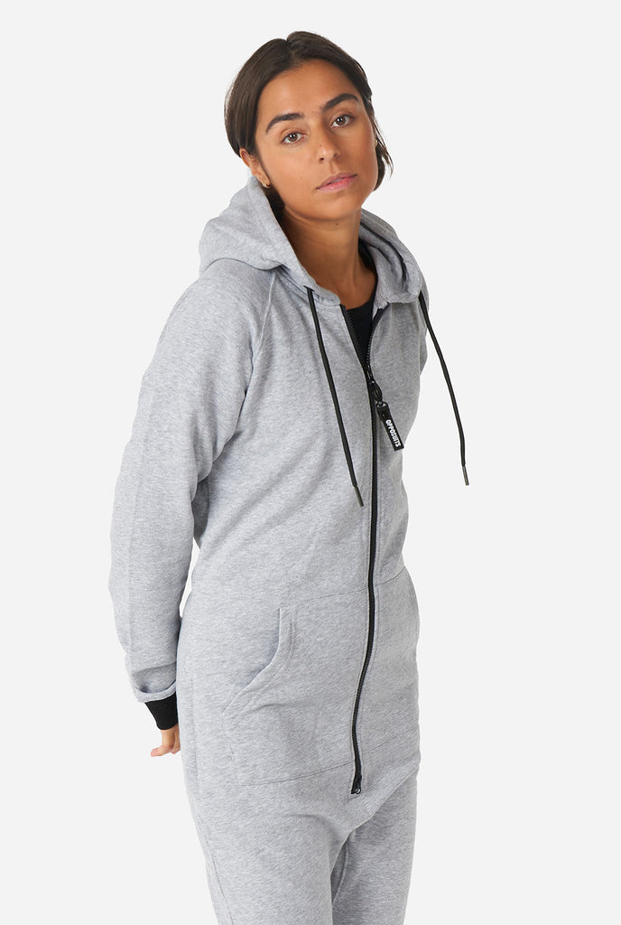 Man wearing grey onesie