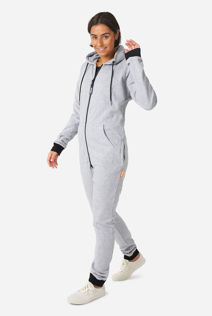 Man wearing grey onesie