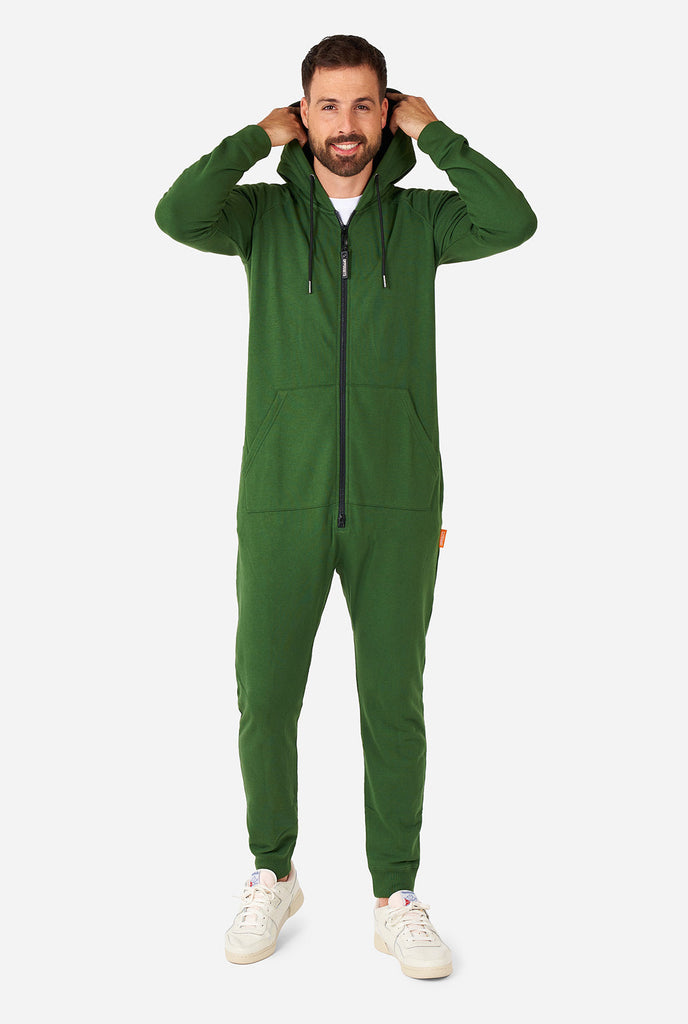 man wearing green onesie