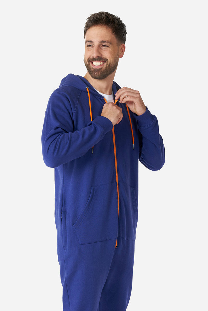 Man wearing Navy blue onesie
