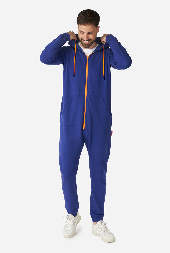 Man wearing Navy blue onesie