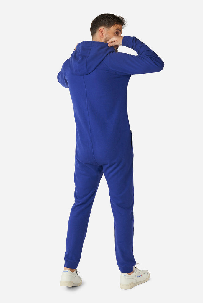 Man wearing Navy blue onesie