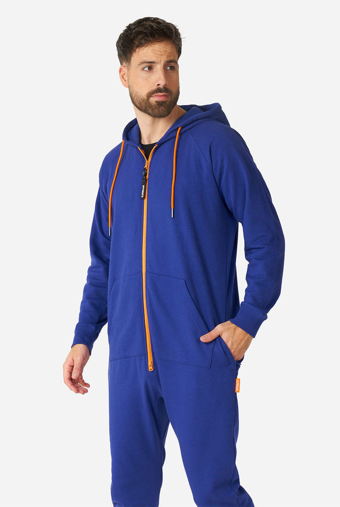 Man wearing Navy blue onesie