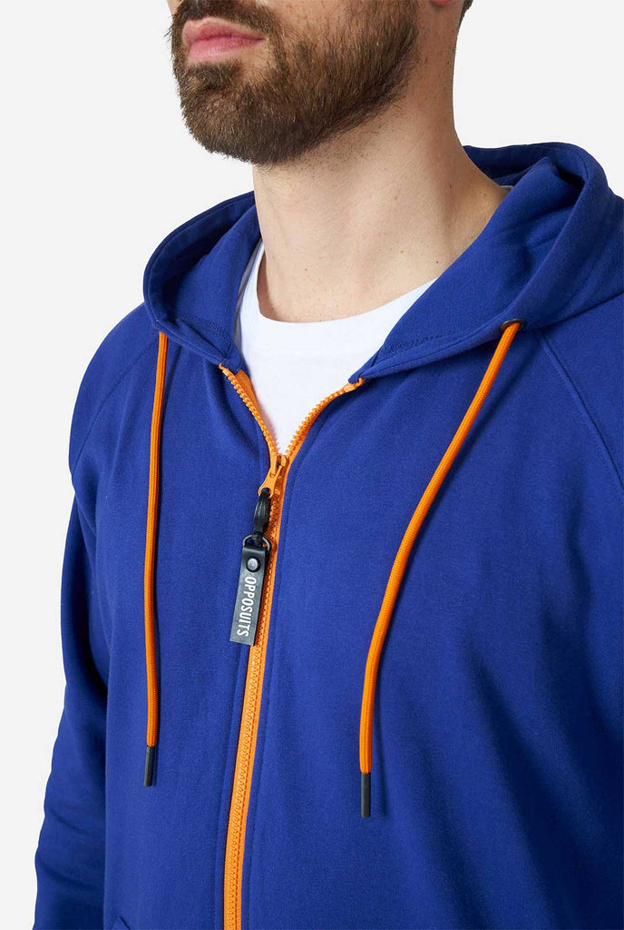 Man wearing Navy blue onesie