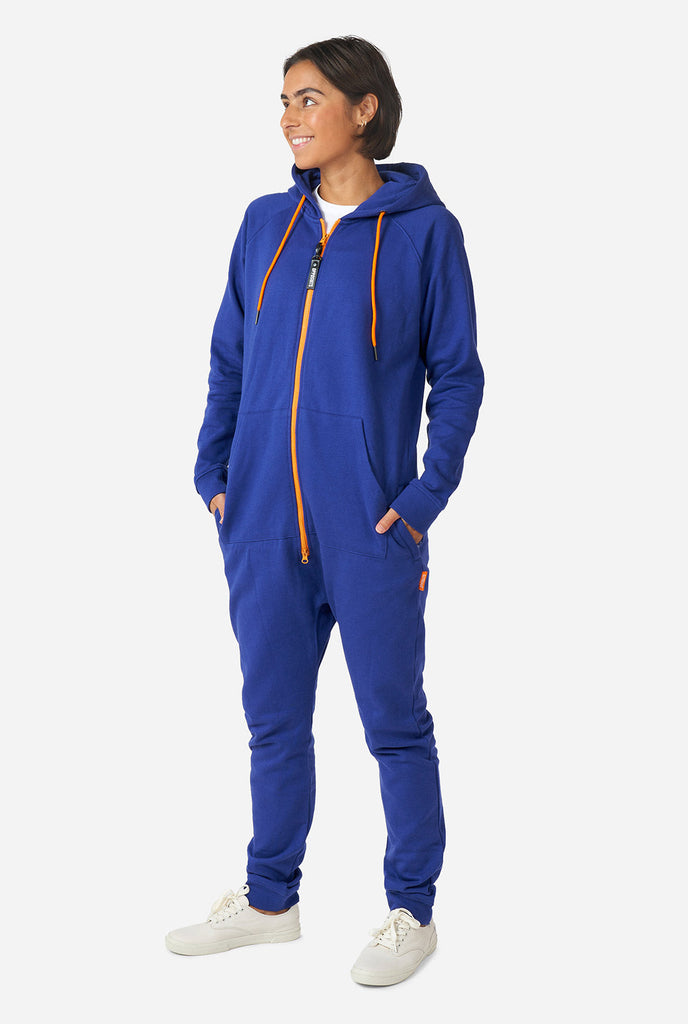 Man wearing Navy blue onesie