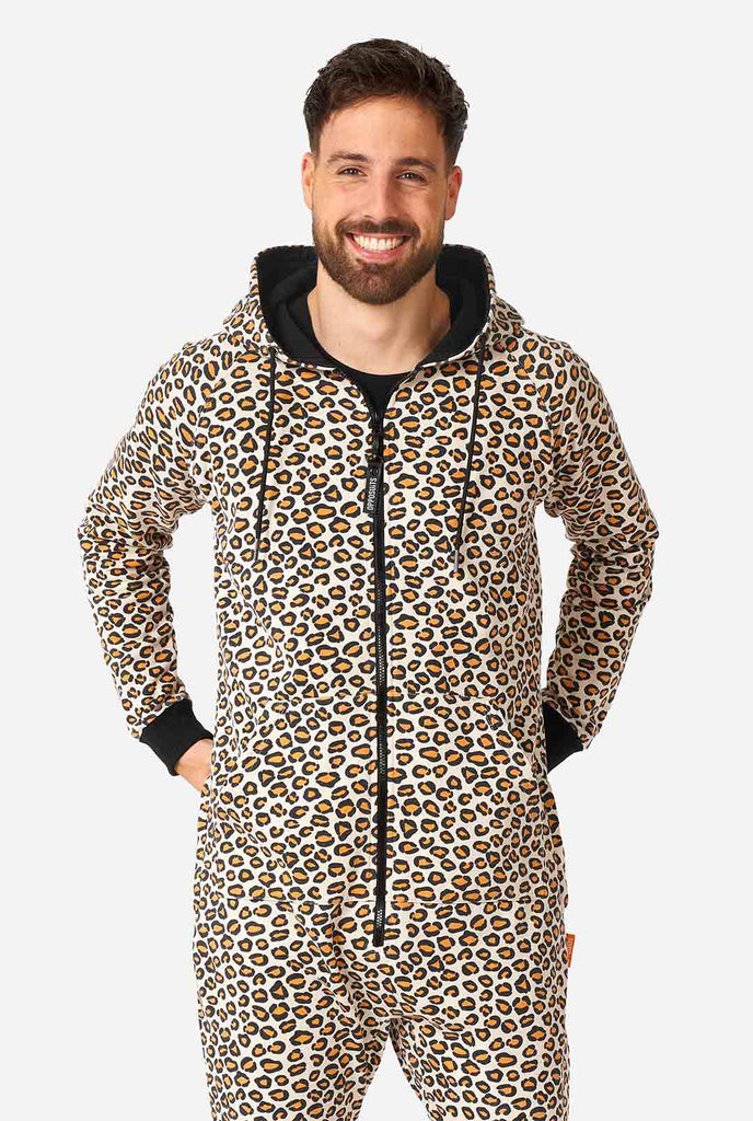 Man wearing jaguar/ panther print onesie