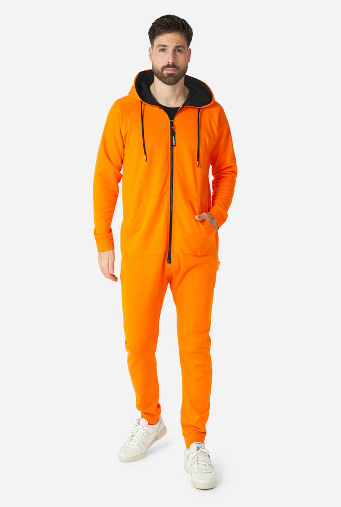 Man wearing orange onesie