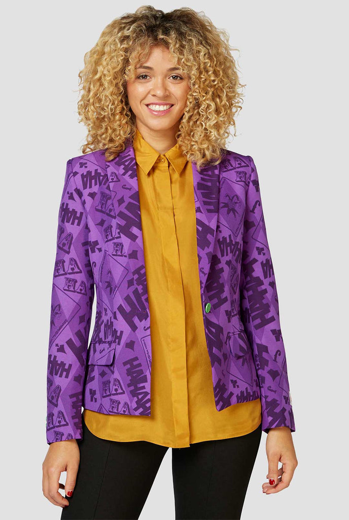 Woman wearing blazer with The Joker print