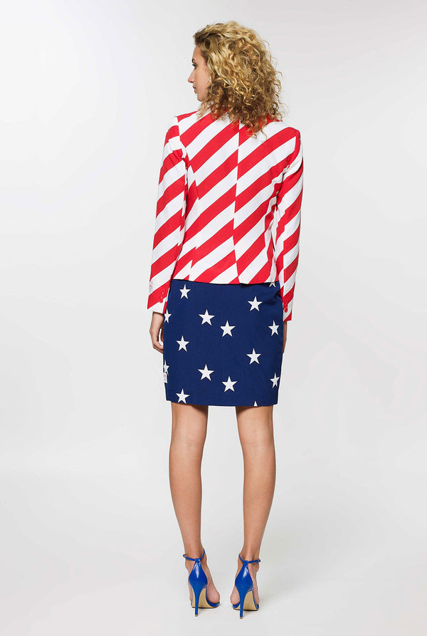 Women's patriotic American Flag suit worn by woman