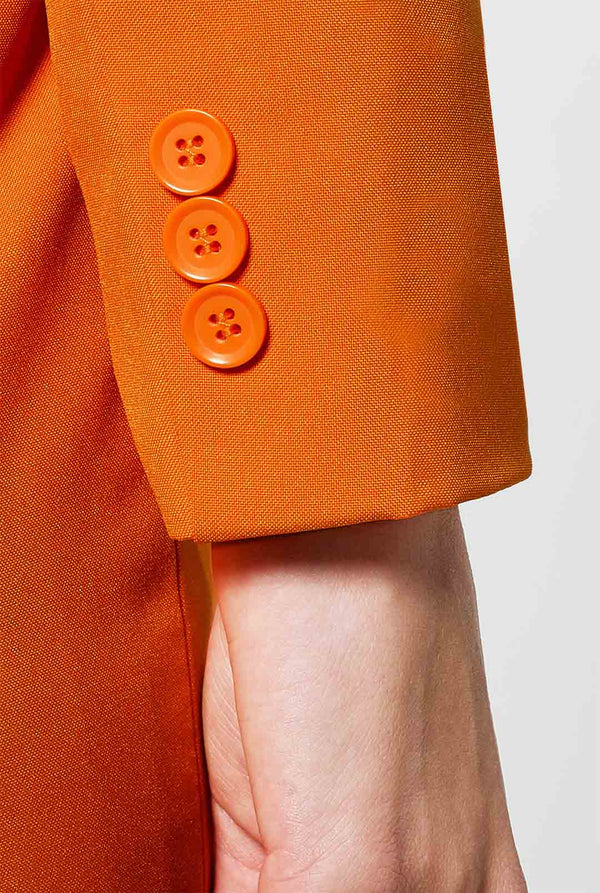 Woman wearing orange dress suit