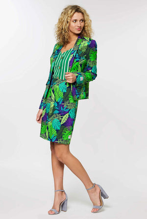Woman wearing suit with green jungle leaves print
