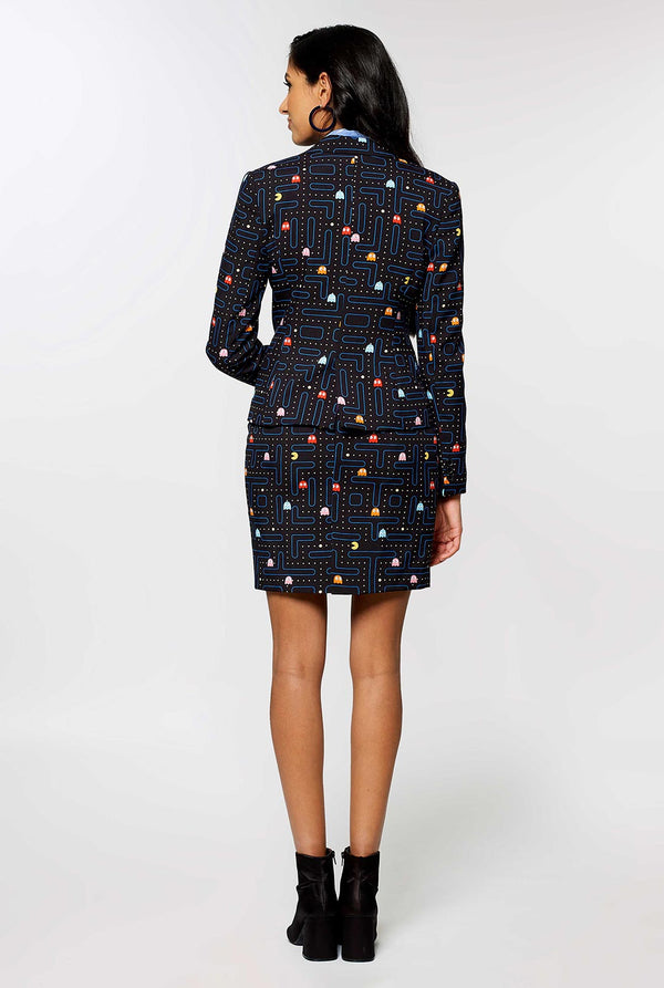 Woman wearing black dress suit with Pac-Man print
