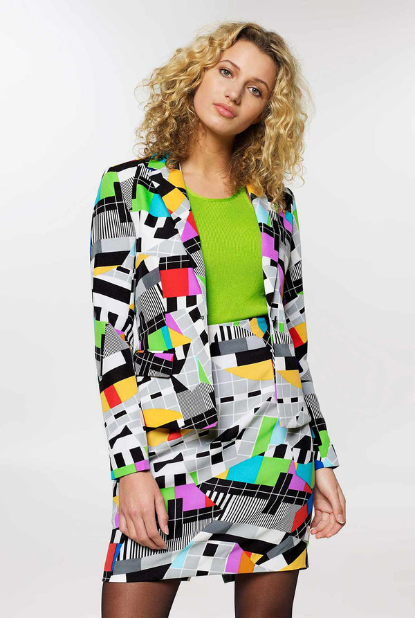 Woman wearing testscreen print suit