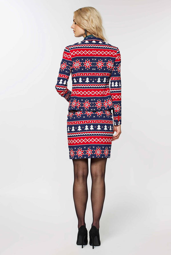 Women's blue and red nordic Christmas suit worn by woman