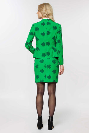 Woman wearing St Patrick's Day themed suit