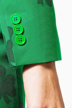 Woman wearing St Patrick's Day themed suit