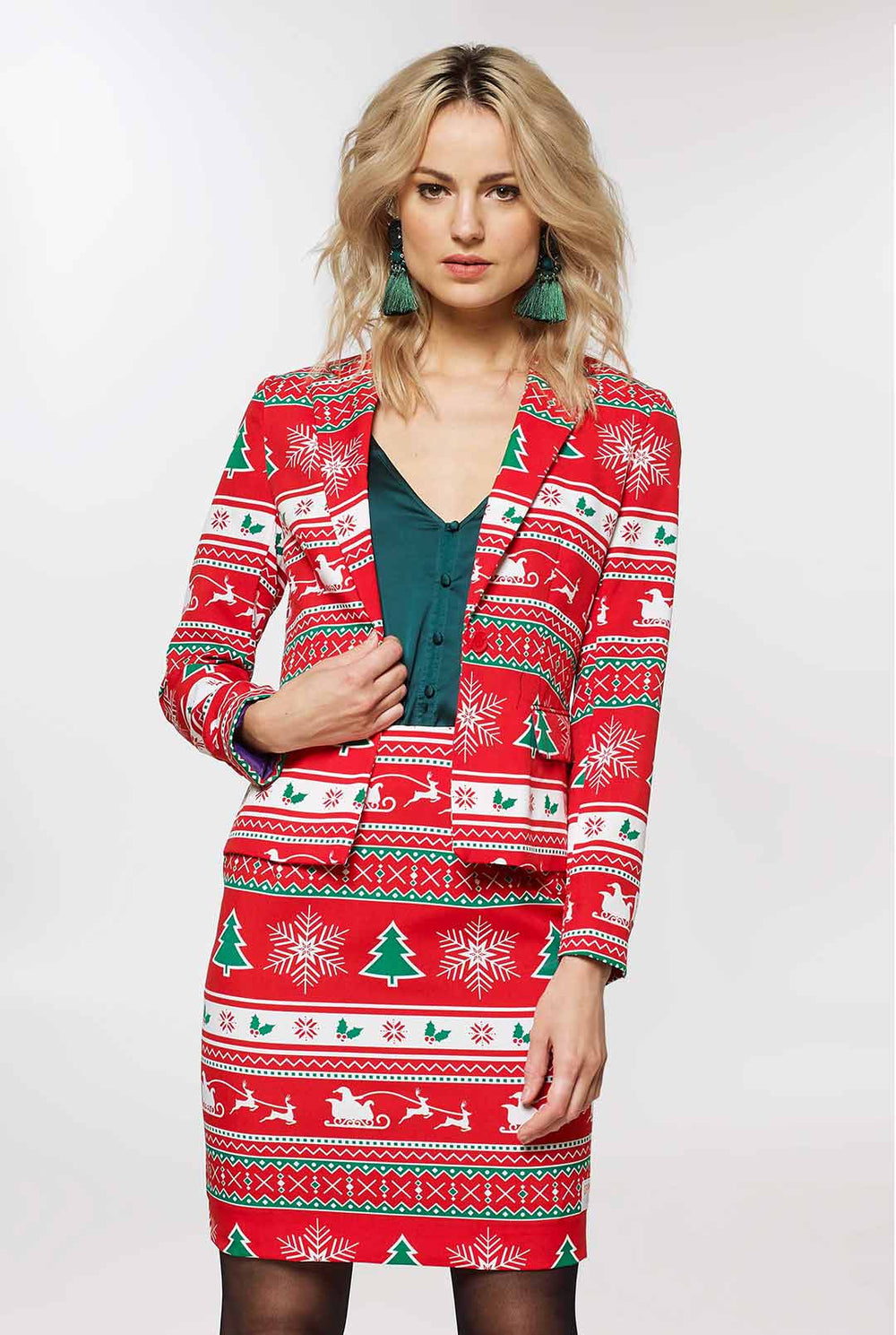 Woman wearing red Christmas suit with Christmas icons