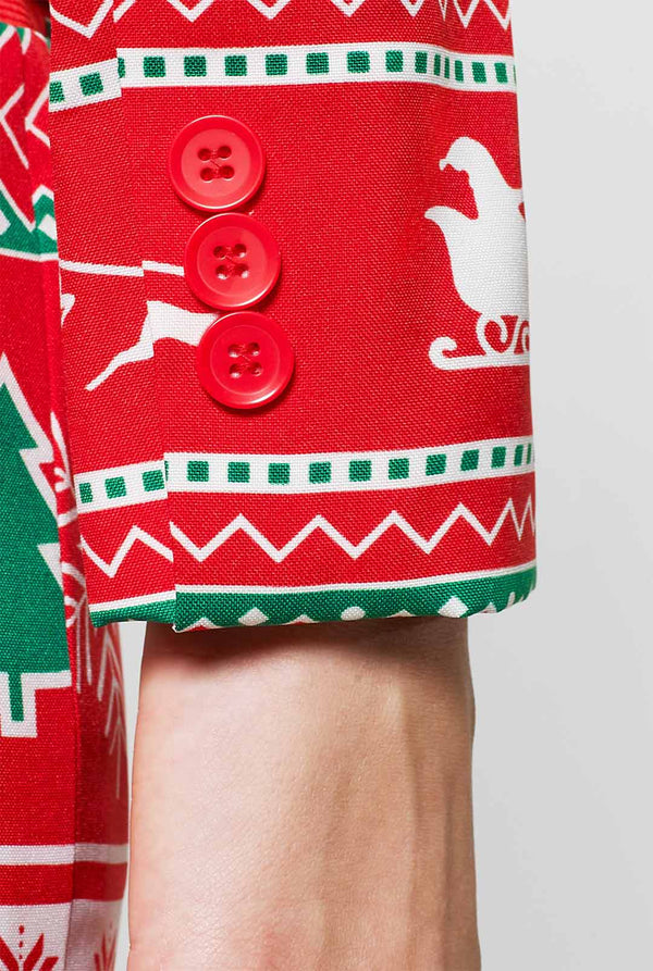 Woman wearing red Christmas suit with Christmas icons