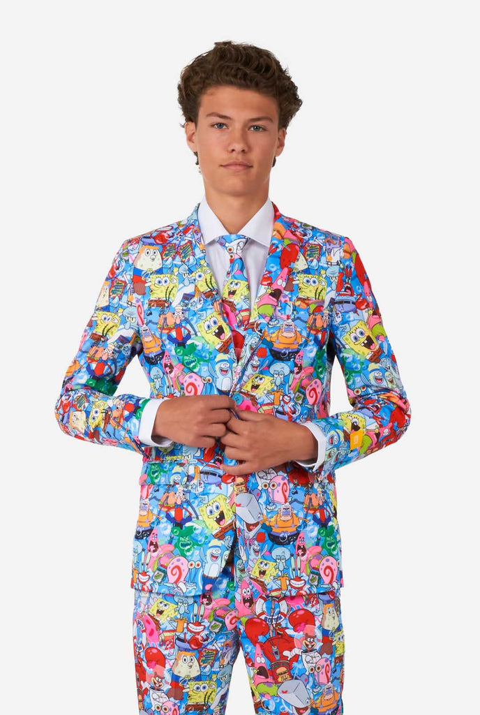 Teen wearing suit with Spongebob print