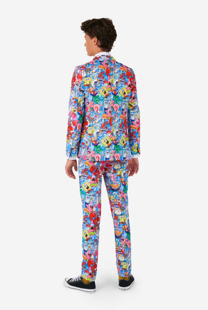 Teen wearing suit with Spongebob print, view from the back