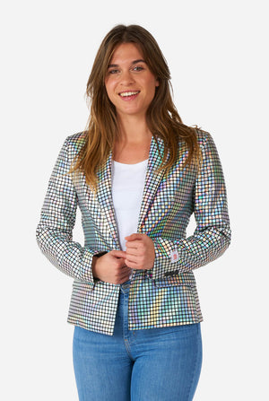 Woman wearing blazer with disco ball mirror print