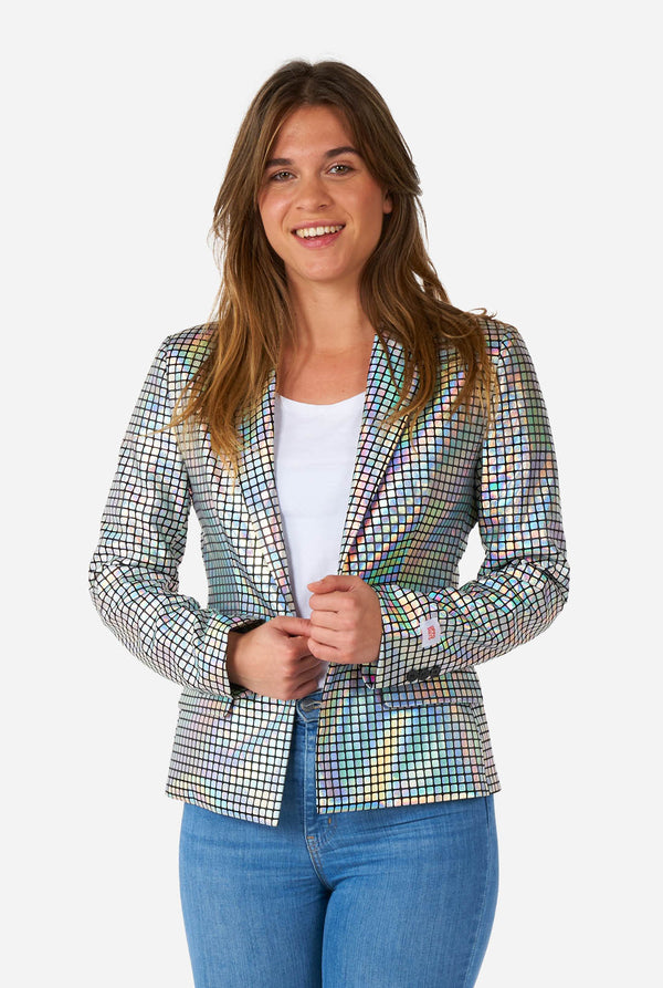 Woman wearing blazer with disco ball mirror print