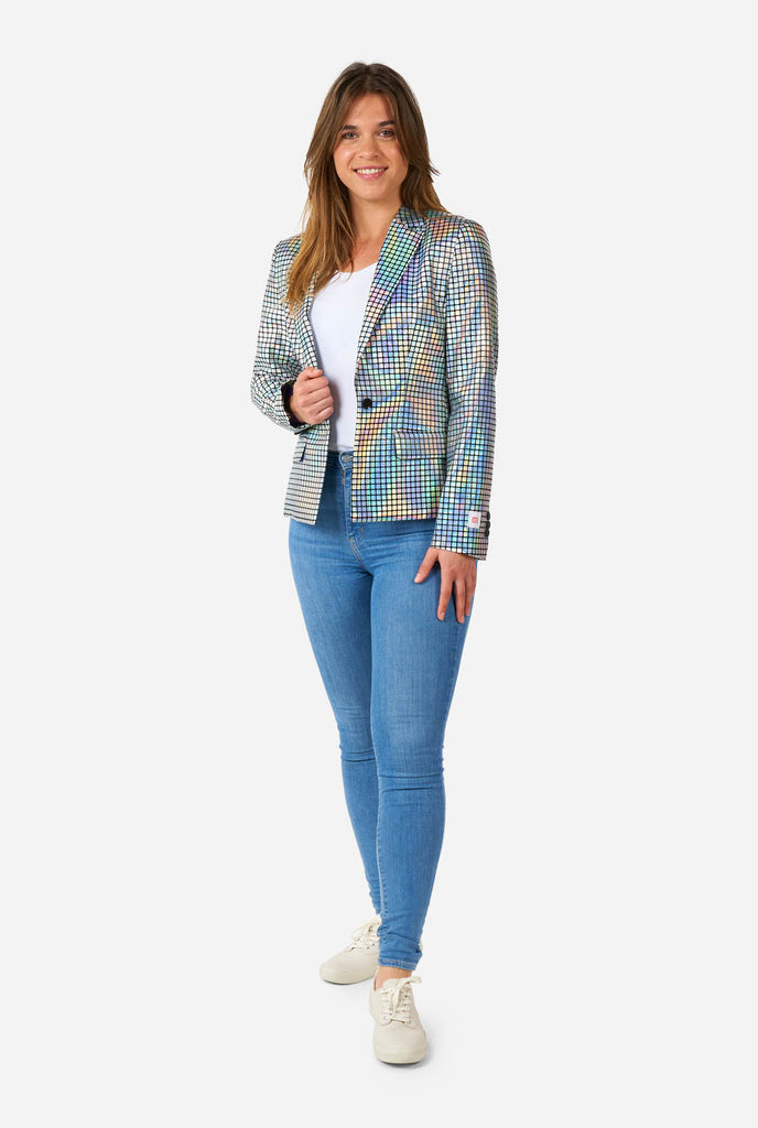 Woman wearing blazer with disco ball mirror print