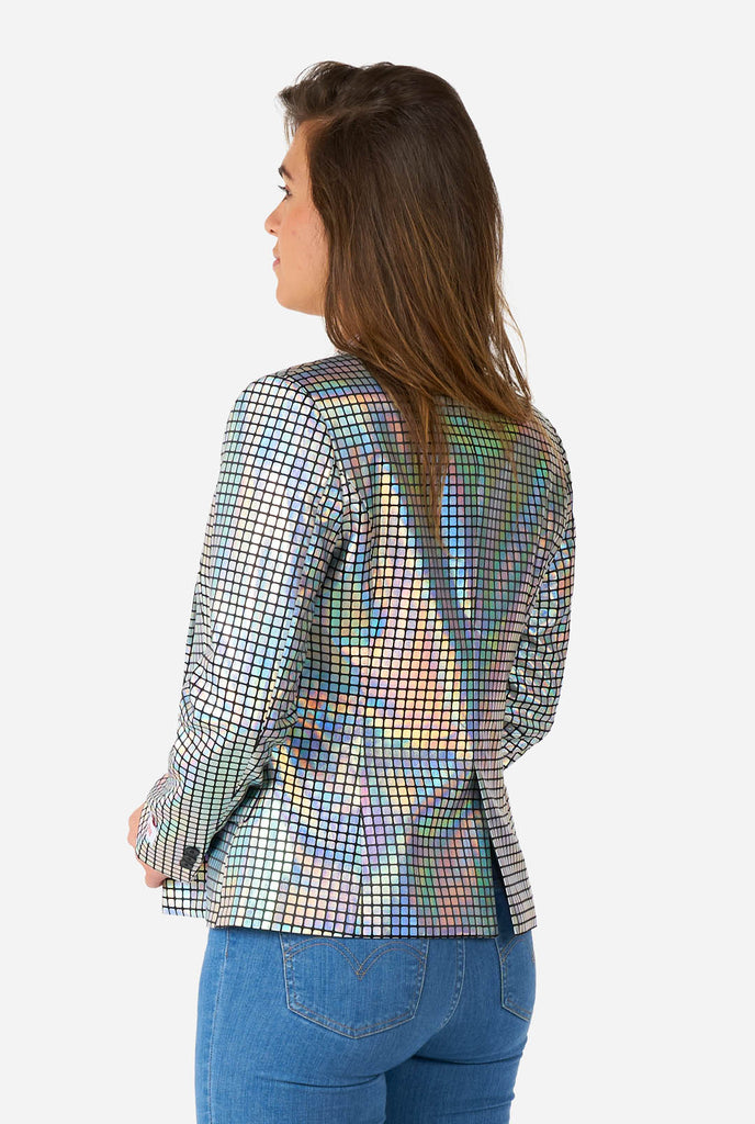 Woman wearing blazer with disco ball mirror print