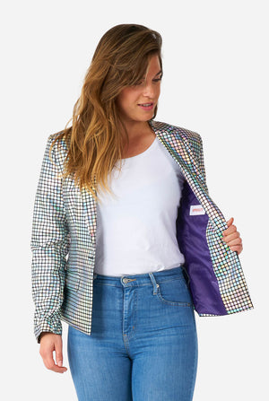 Woman wearing blazer with disco ball mirror print