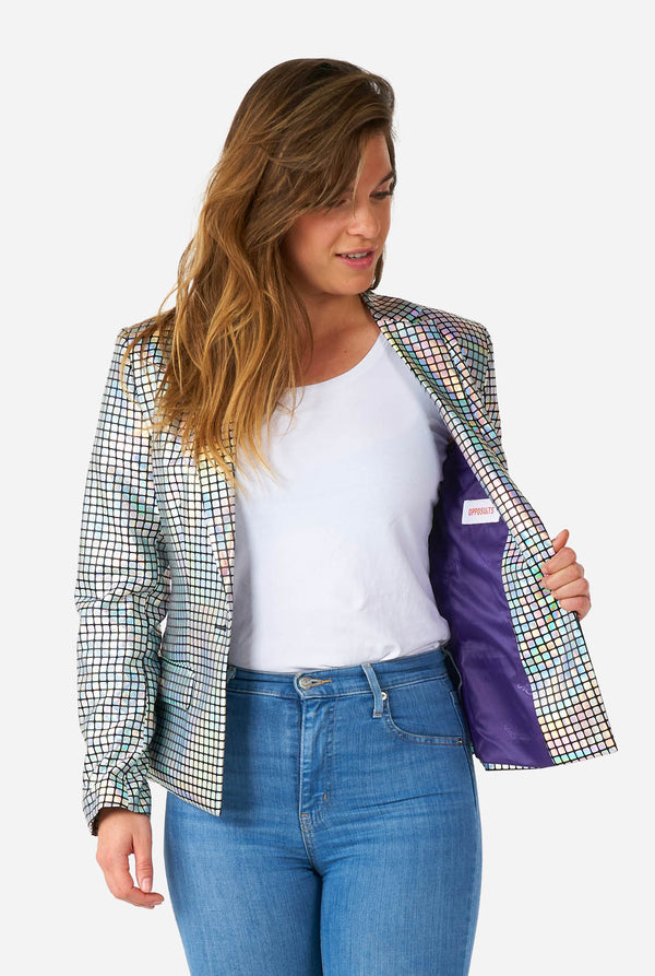 Woman wearing blazer with disco ball mirror print