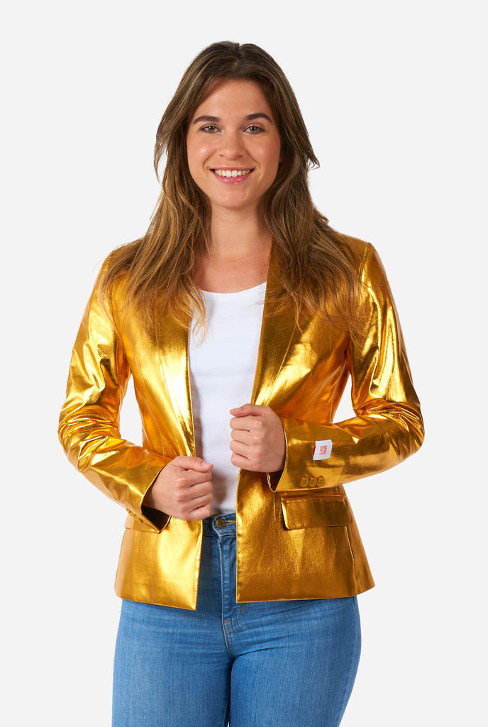 Woman wearing golden blazer