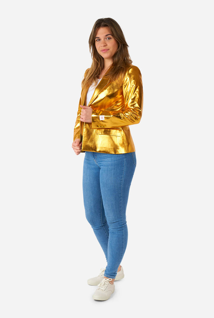 Woman wearing golden blazer