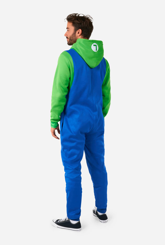 Man wearing unisex onesie with Luigi Super Mario print, view from the back