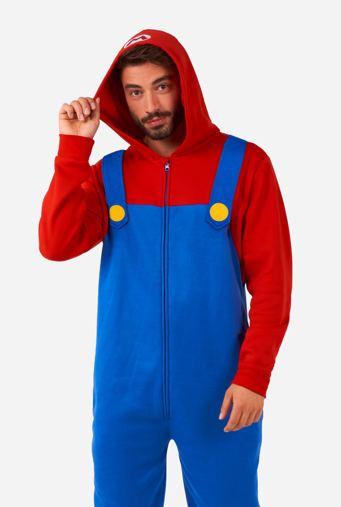 Man wearing unisex onesie with Super Mario print