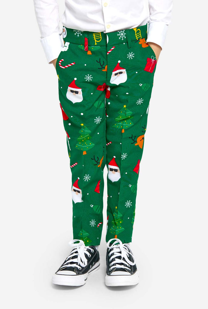 Boy wearing green Christmas suit for kids, with Christmas icons., pants view