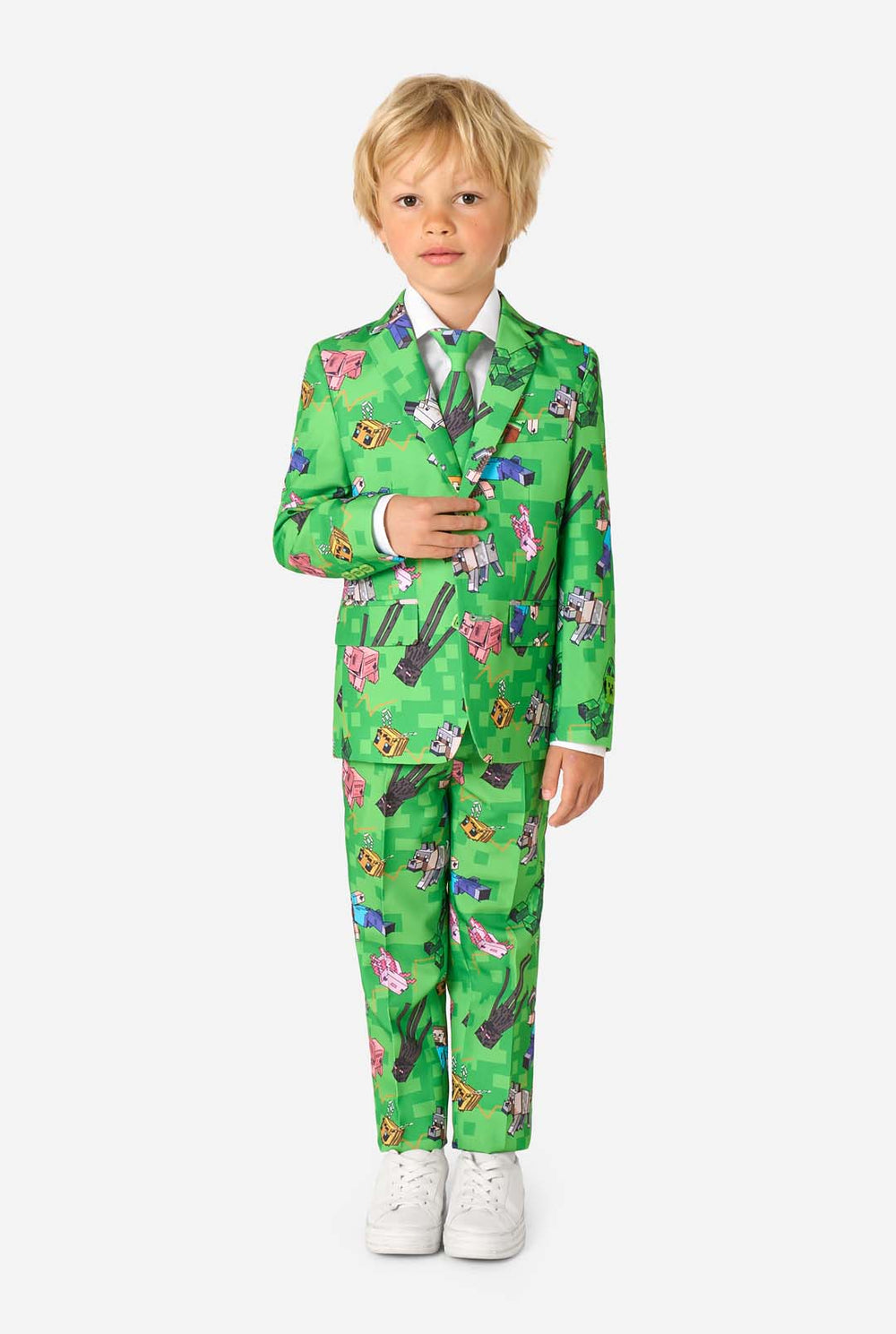 Kid wearing a bright green Minecraft suit with iconic characters, including Creepers and Steve – full view from the front.