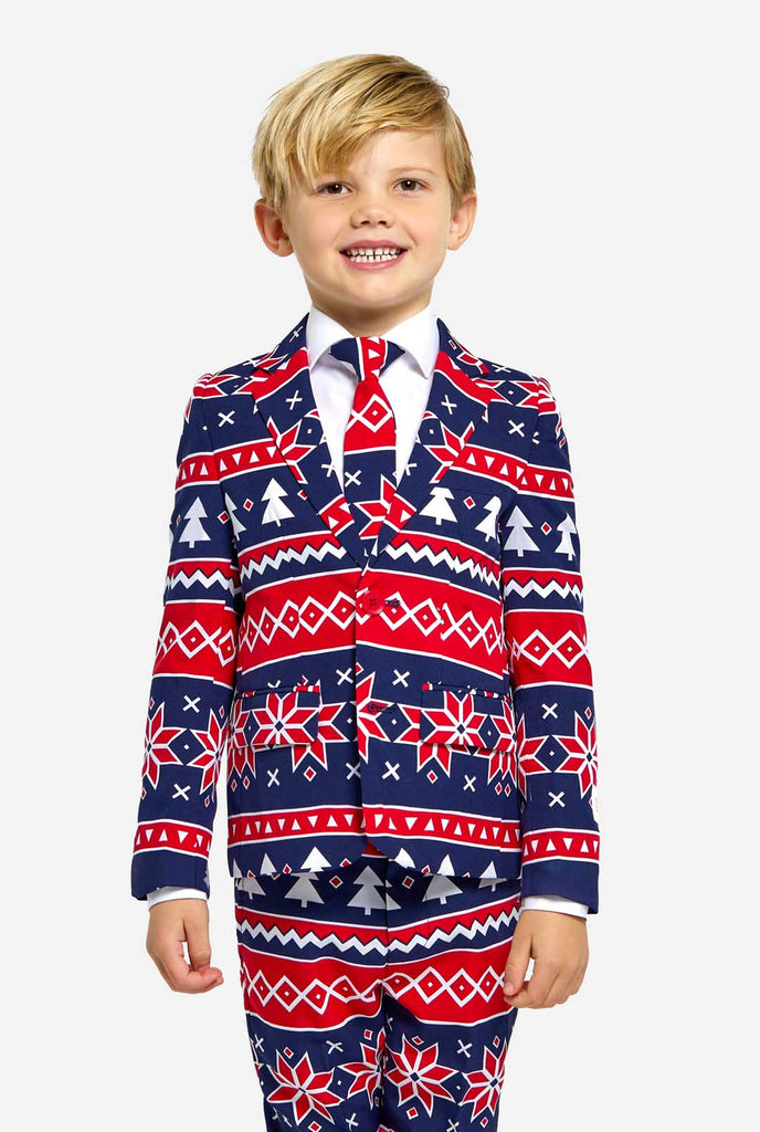 Kid wearing Christmas suit with Nordic print