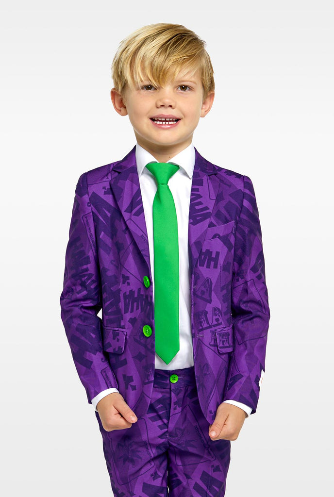 Kid wearing purple boys suits with The Joker Batman theme