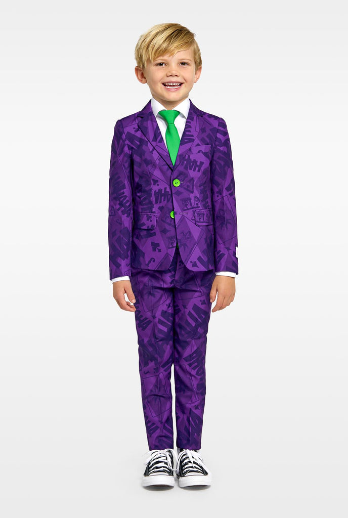 Kid wearing purple boys suits with The Joker Batman theme