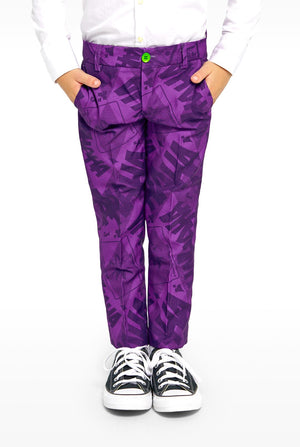 Kid wearing purple boys suits with The Joker Batman theme